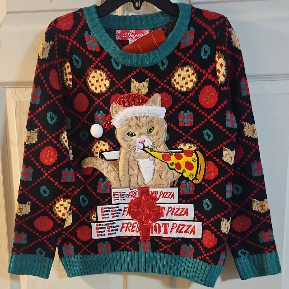 33 DEGREES YOUTH CHRISTMAS PIZZA CAT SWEATER:BLACK/GREEN:NEW WITH TAGS:M (10/12)